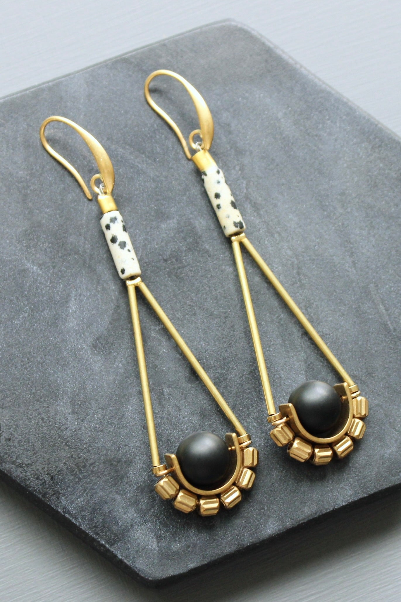 LEXE49 Dalmatian jasper and jet glass earrings