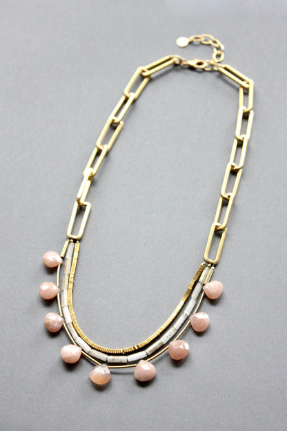 ISL219 Peach moonstone, hematite, and paperclip chain necklace
