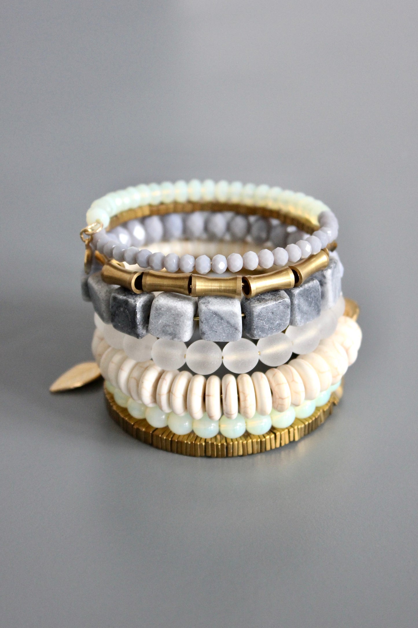 ISLB01 Gray, white, and brass wrap bracelet