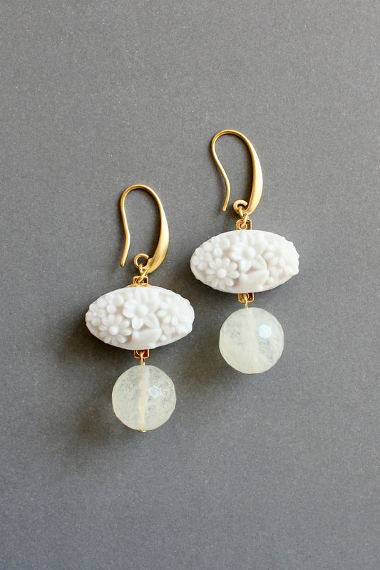 ISLE18 Vintage milk glass and quartz earrings