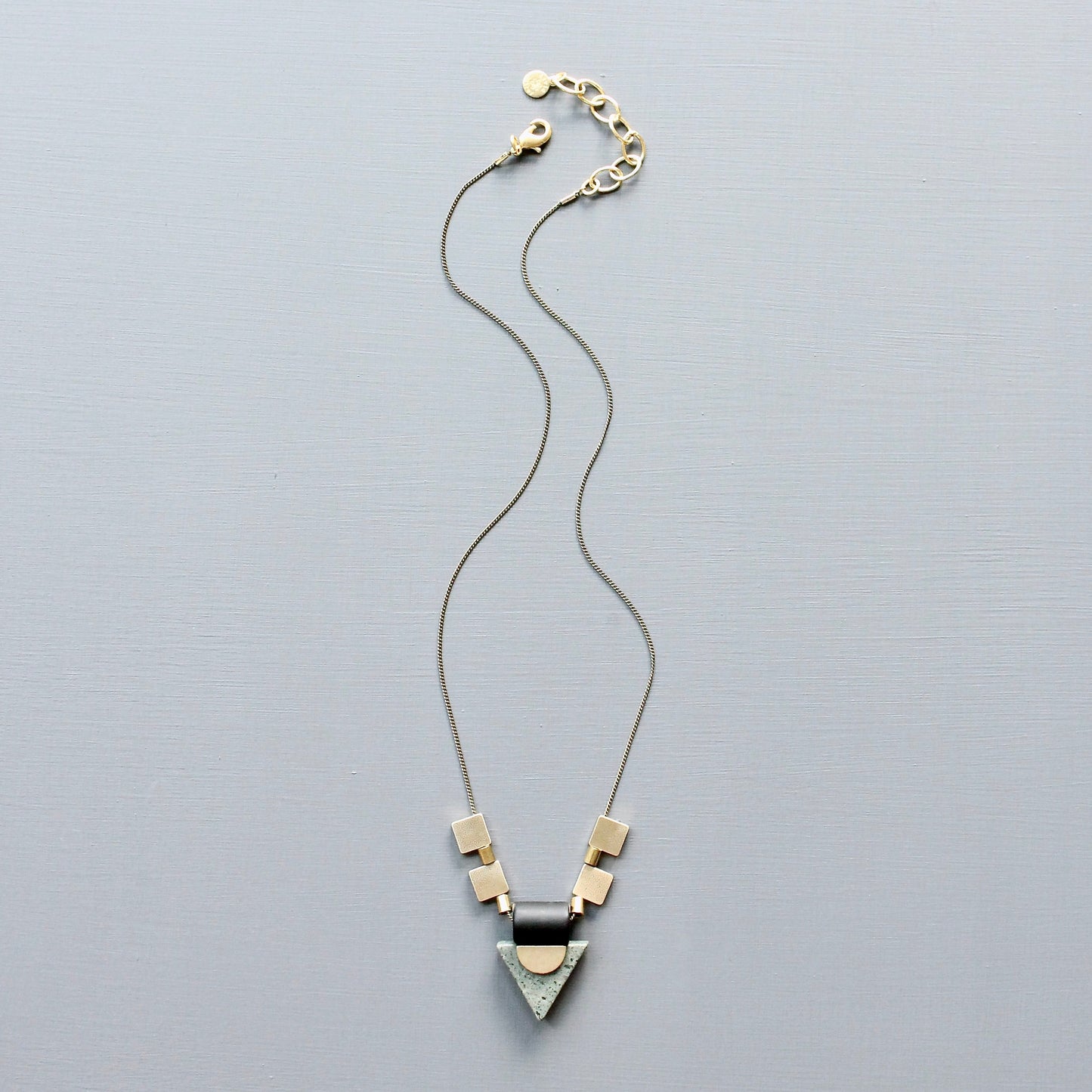 JLT417 green jasper triangle and brass geometric necklace