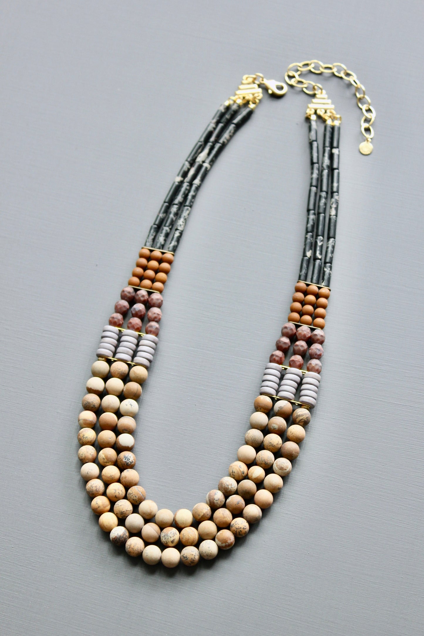 JLT521 triple strand gemstone and glass necklace