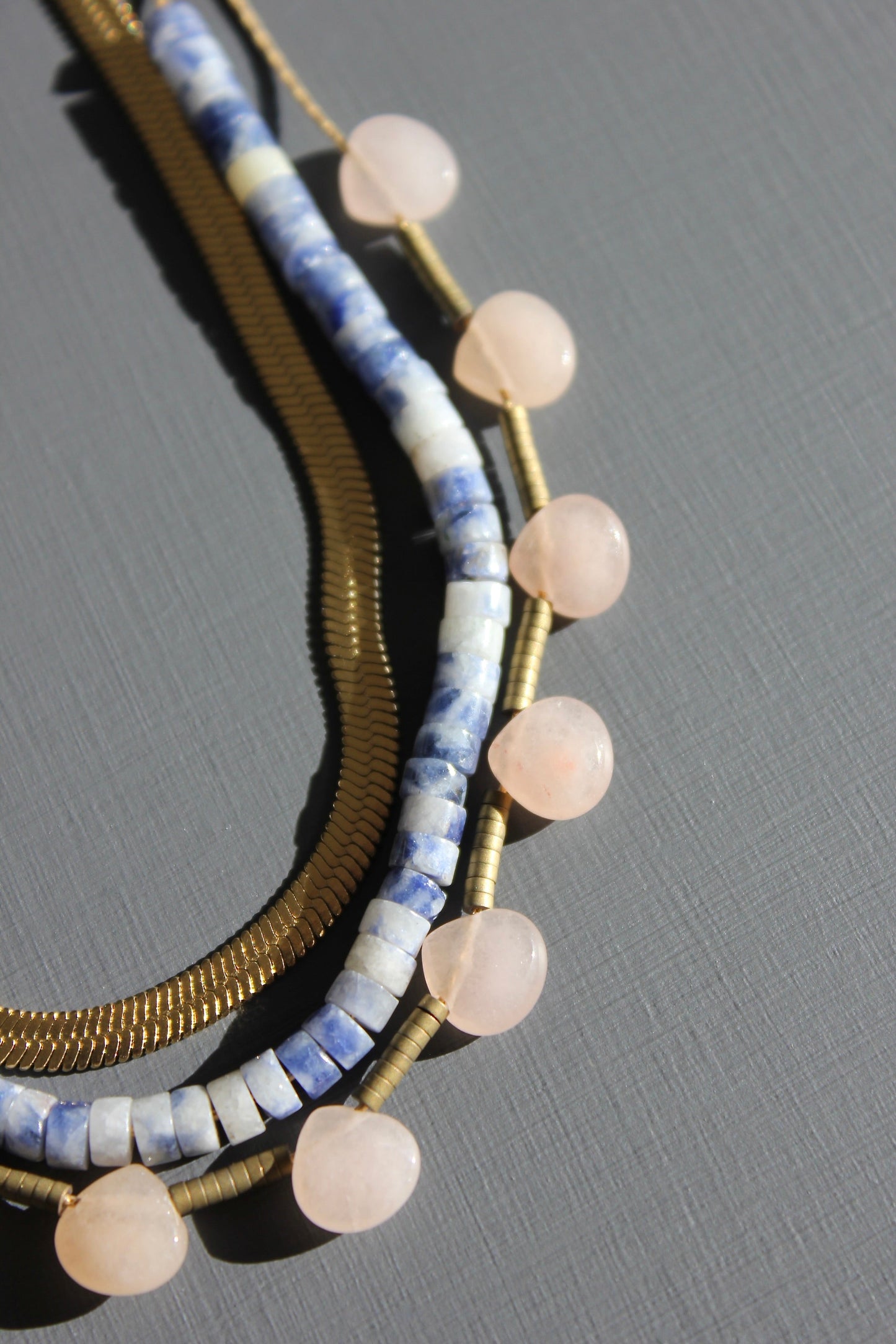 KYL116 herringbone, sodalite, and peach necklace