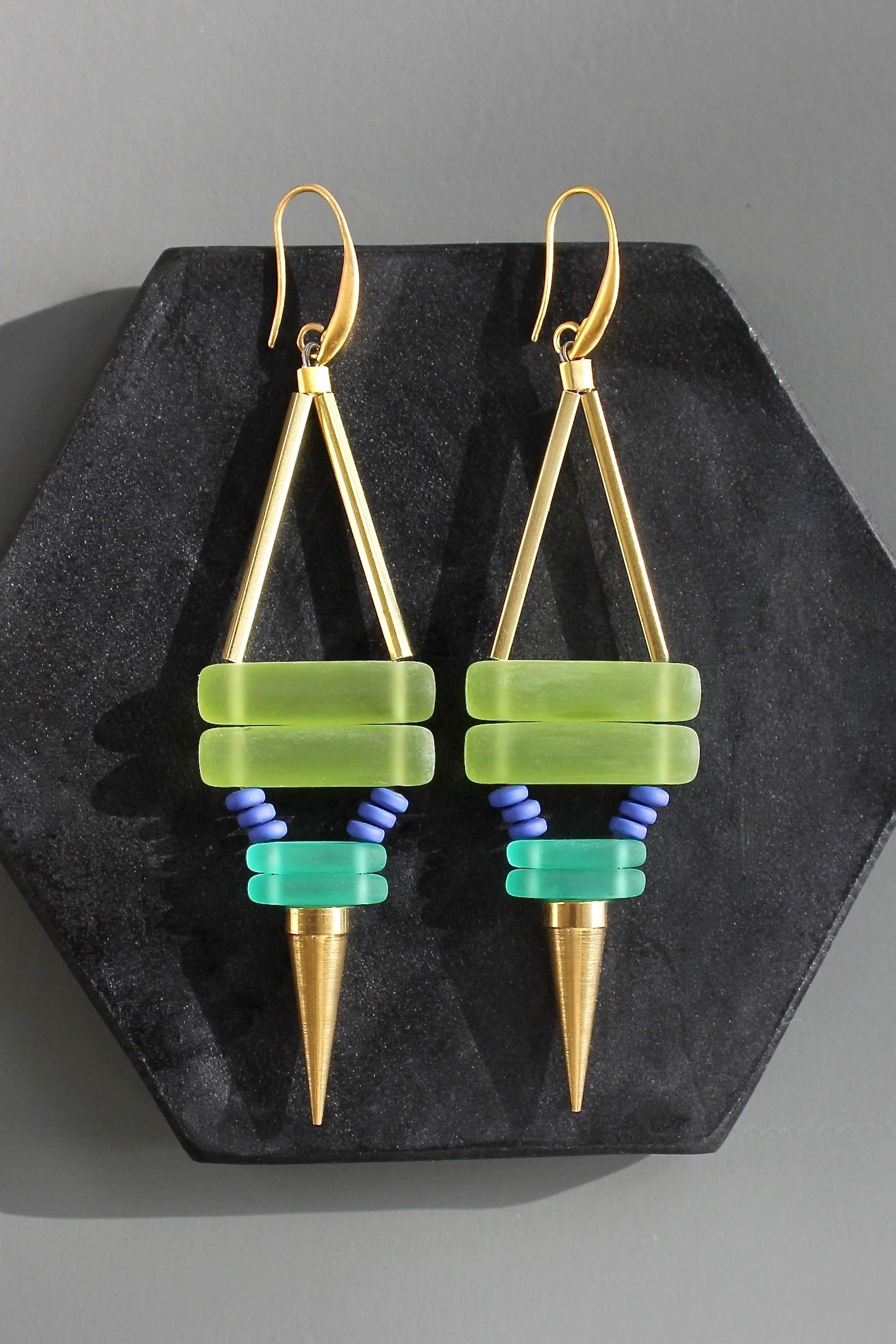 KYLE77 green and cobalt spike earrings