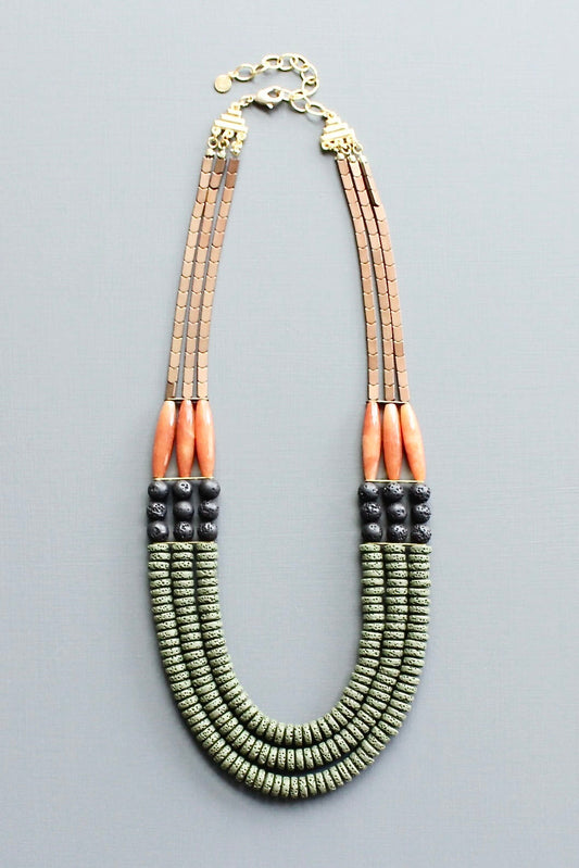 LEX221 Triple strand moss, jet, and carnelian necklace