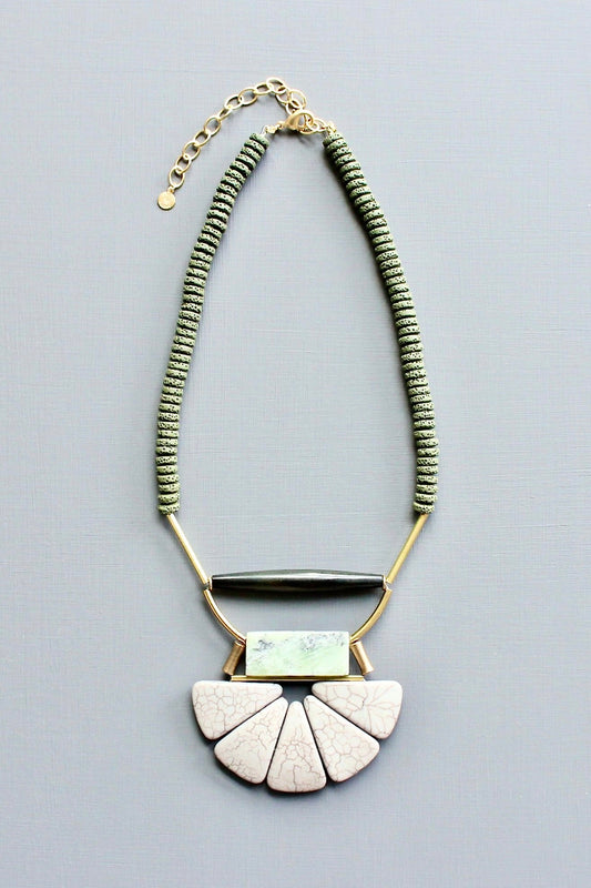 LEX417  Lavender gray and moss lotus ArtDeco necklace