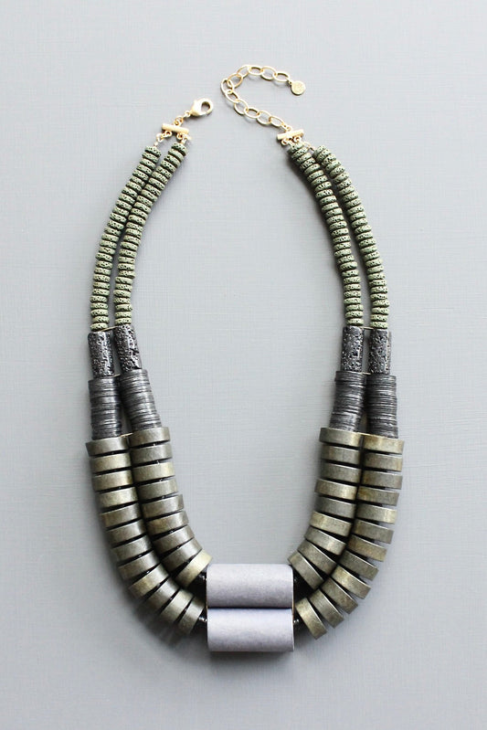 LEX821 Double strand wood and lava bead necklacee