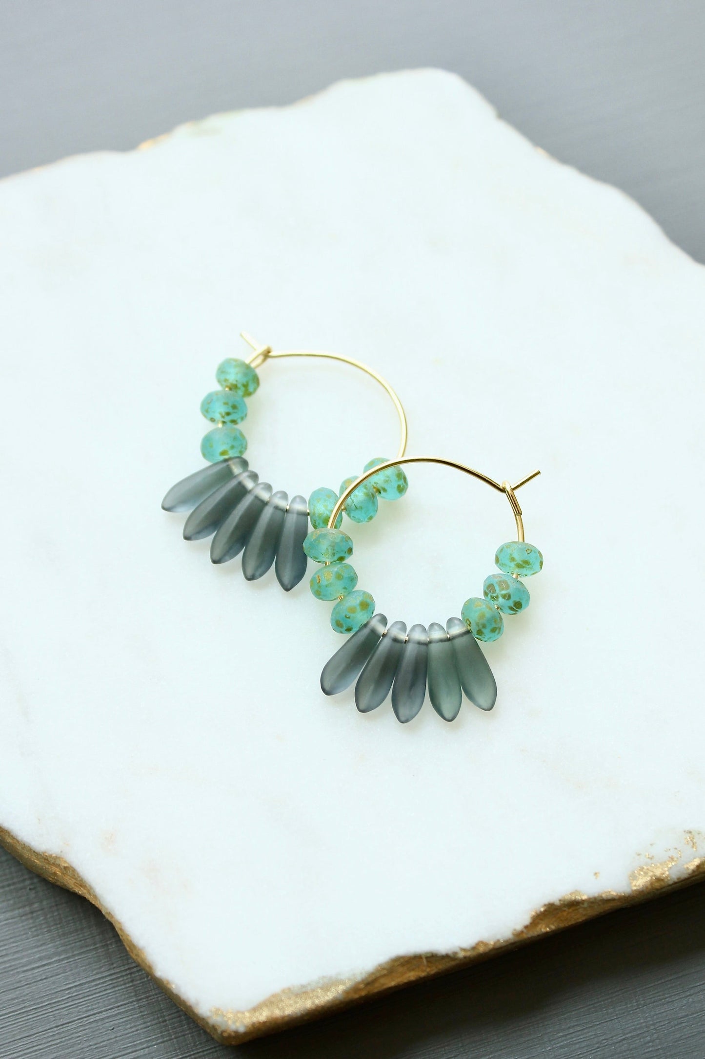 LEXE01 Blue Montana glass fringe mini hoop earrings