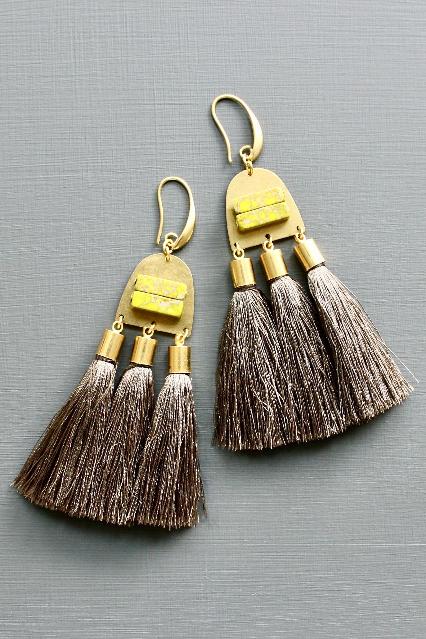 LEXE55 Green jasper and taupe tassel earrings