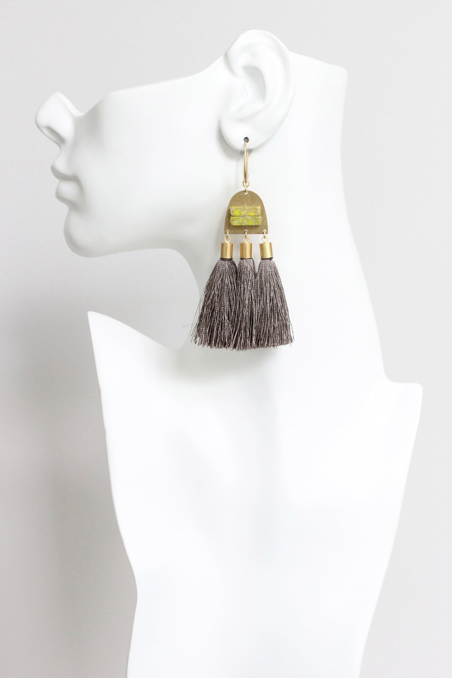 LEXE55 Green jasper and taupe tassel earrings