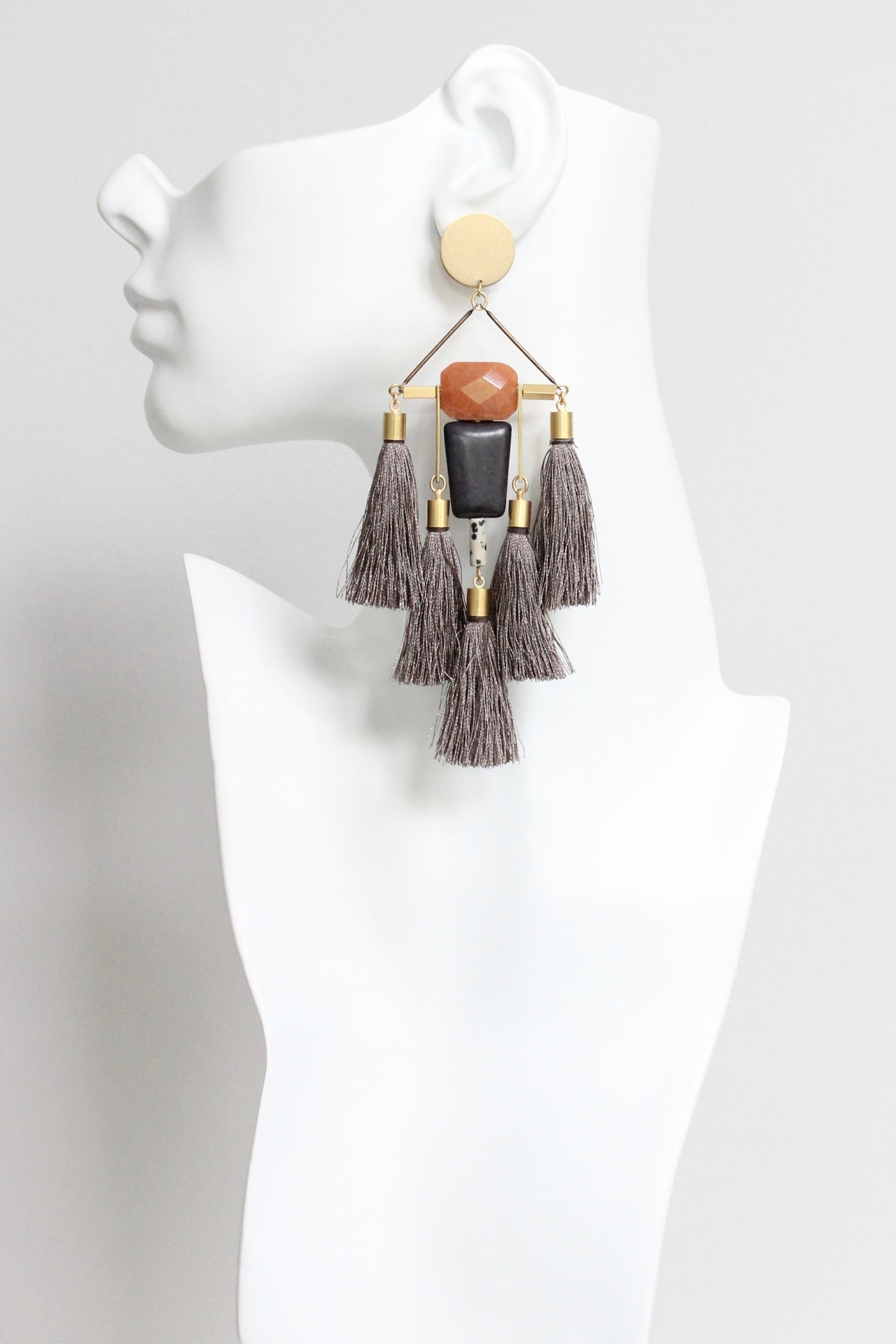 LEXE62 Carnelian jade and black shoulder duster tassel earrings