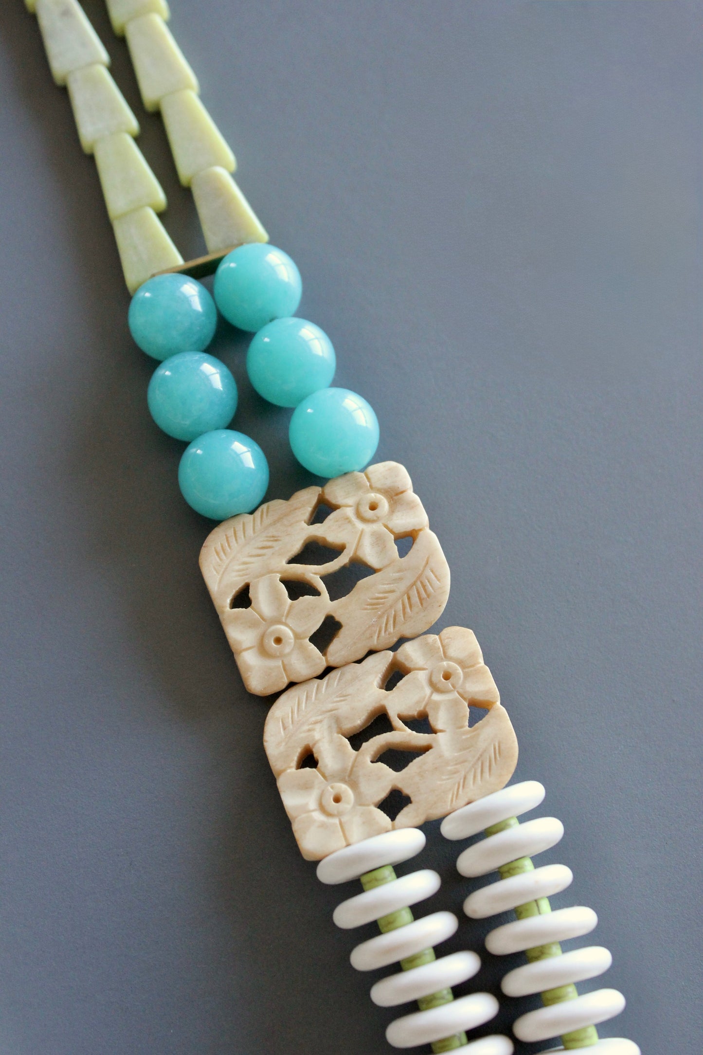 MLN126 Double strand carved buffalo bone and jasper long necklace