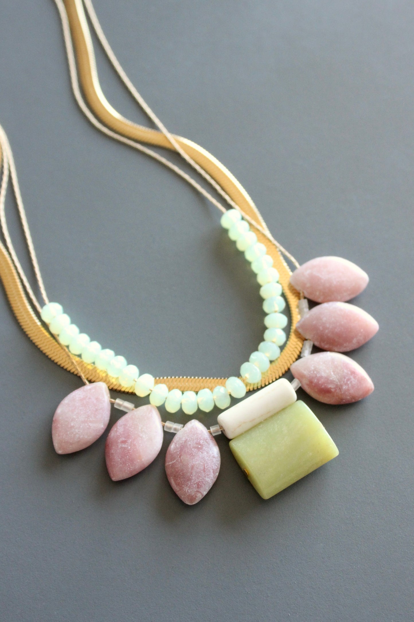 MLN816 Triple strand rhodochrosite and jade with snake chain necklace