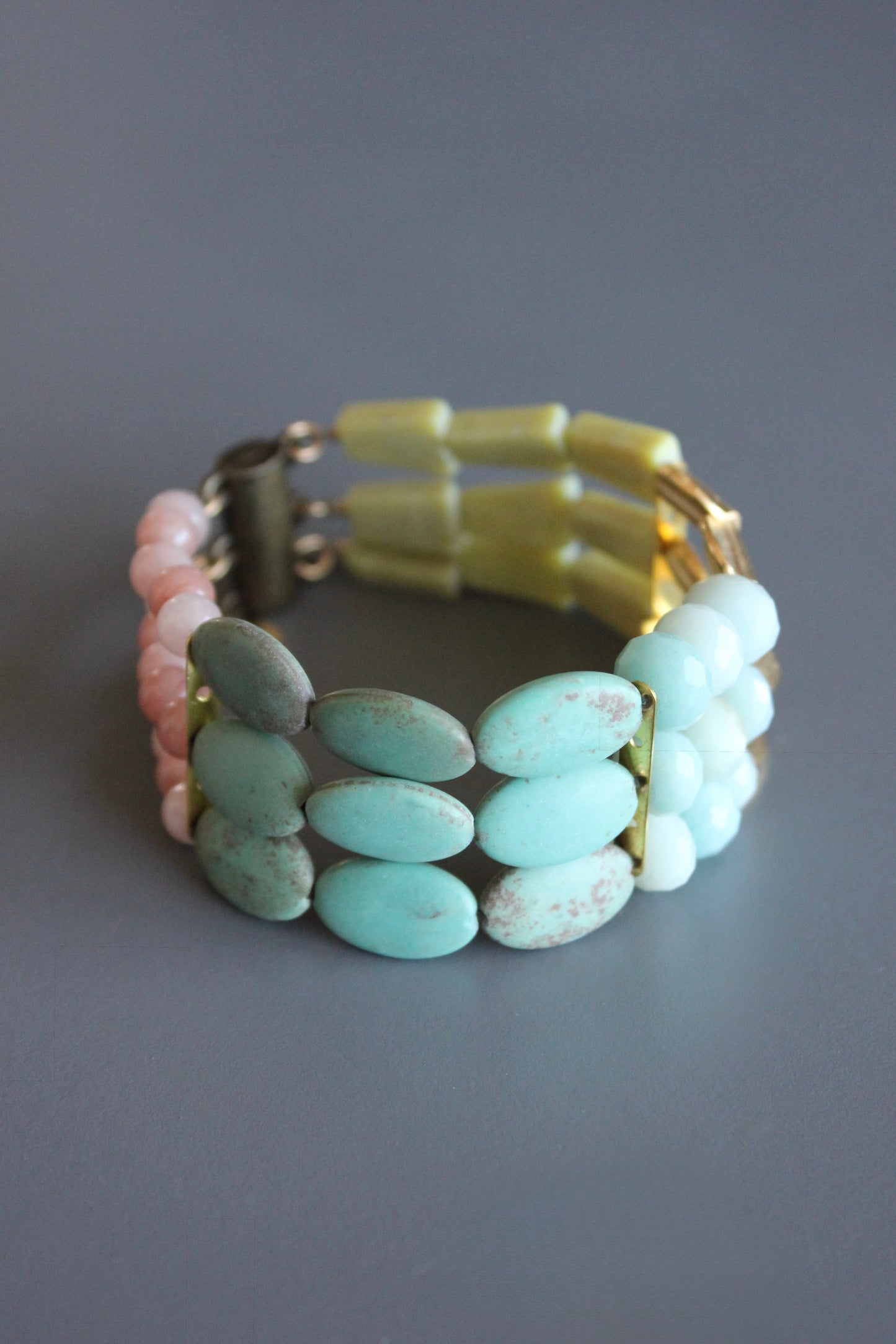 MLNB07 Blush pink, turquoise, and yellow jade bracelet