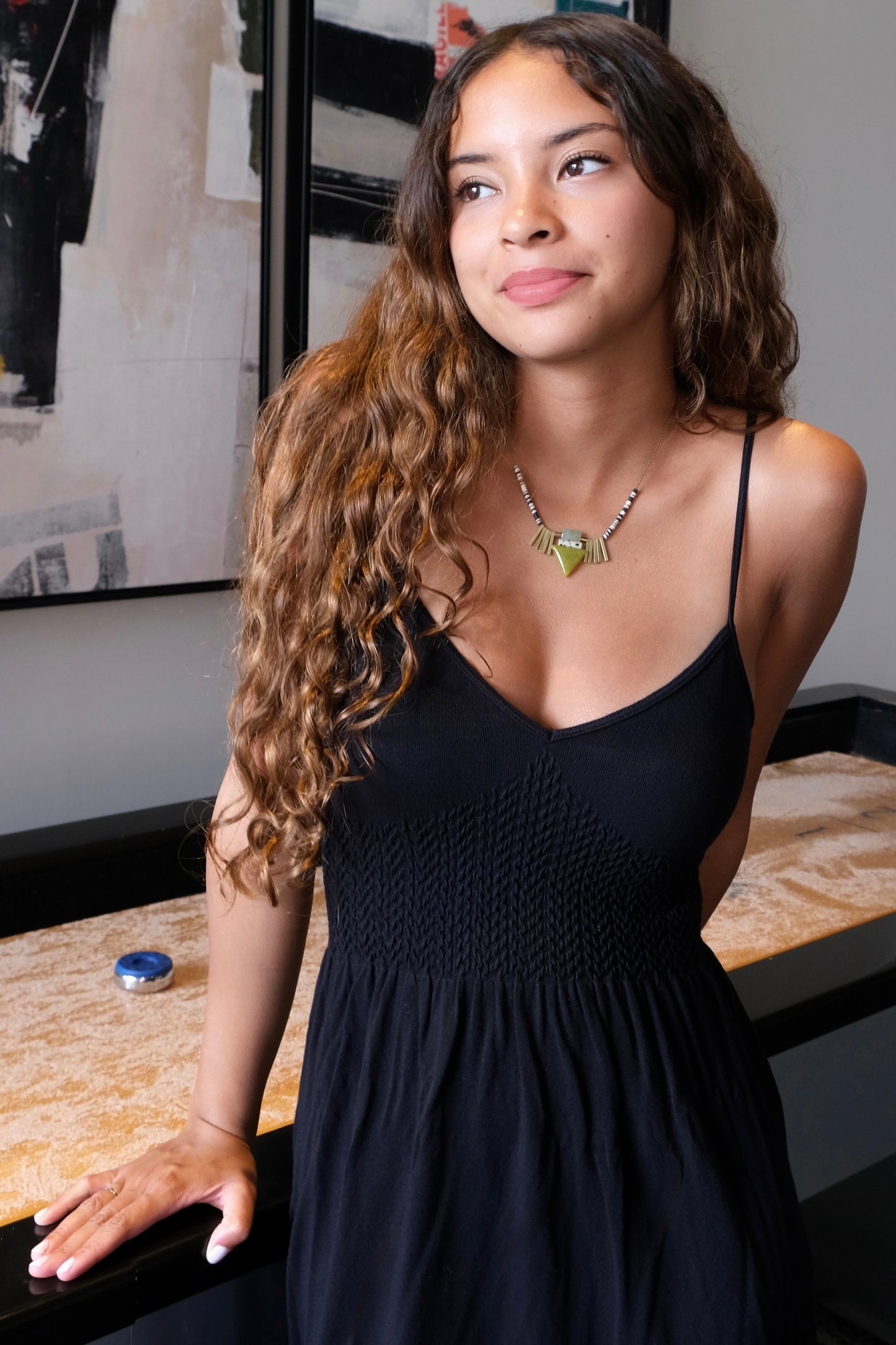 LEX317 Green jade geometric ArtDeco pendant necklace