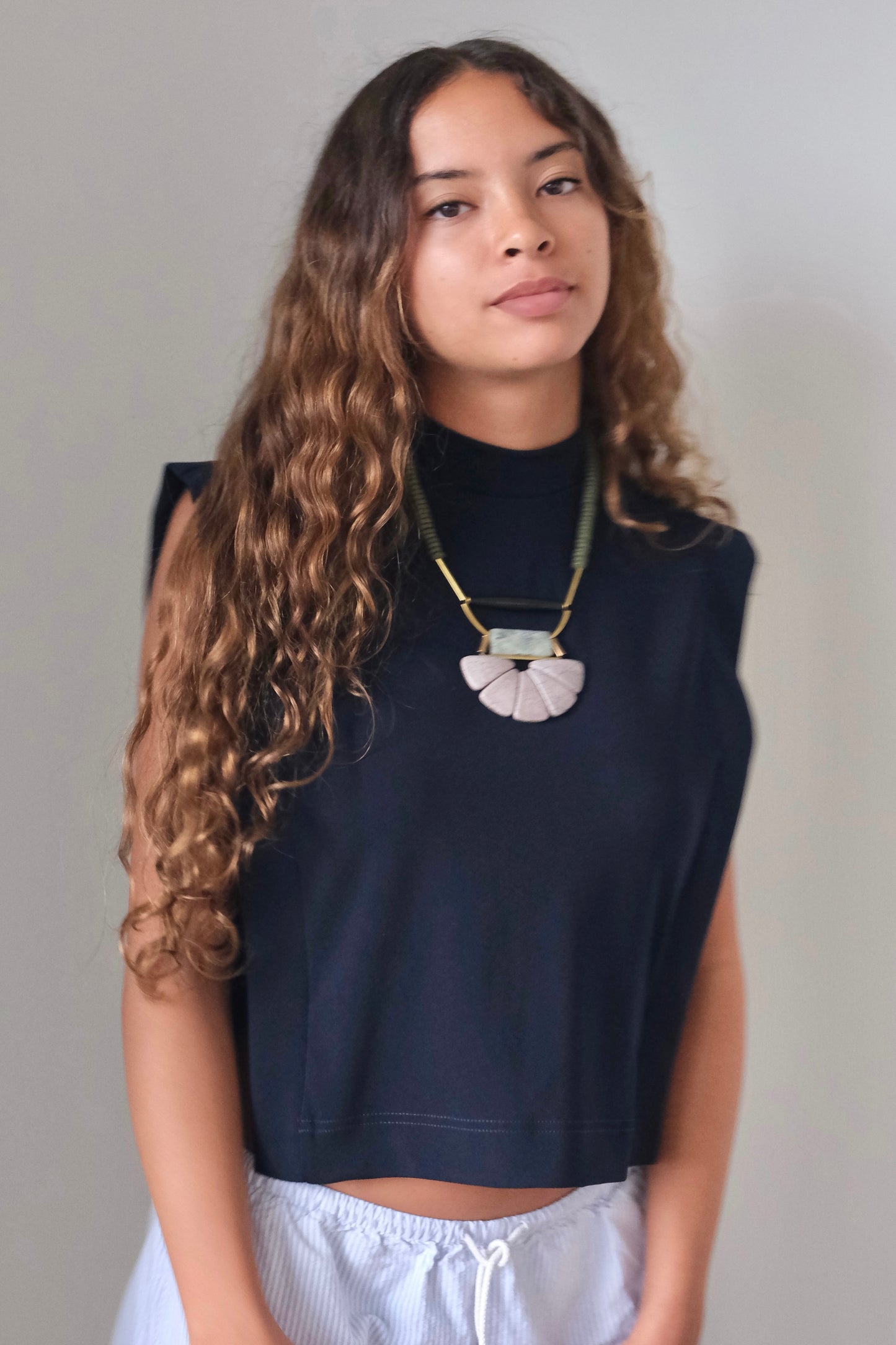 LEX417 Lavender gray and moss lotus ArtDeco necklace