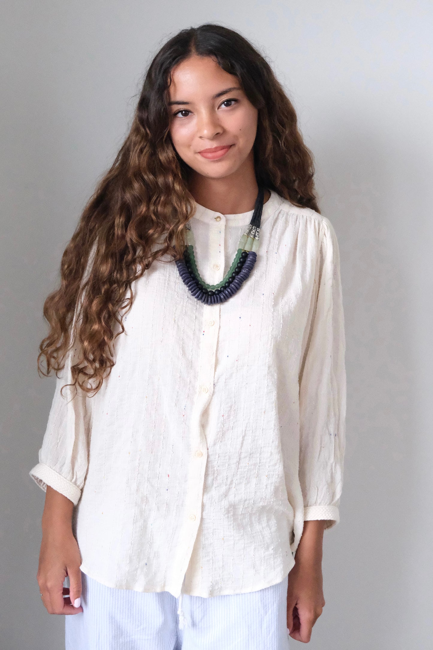 LEX621 Triple strand purple and green necklace