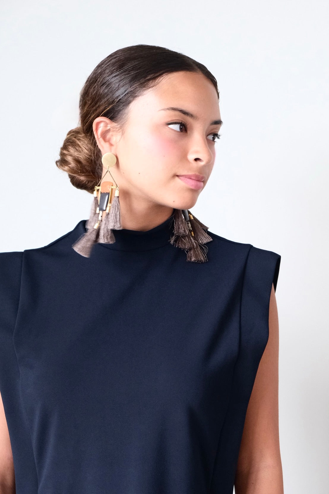 LEXE62 Carnelian jade and black shoulder duster tassel earrings