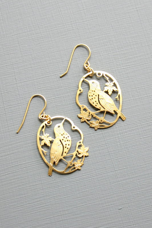 Wood thrush bird earrings 1.125 inches