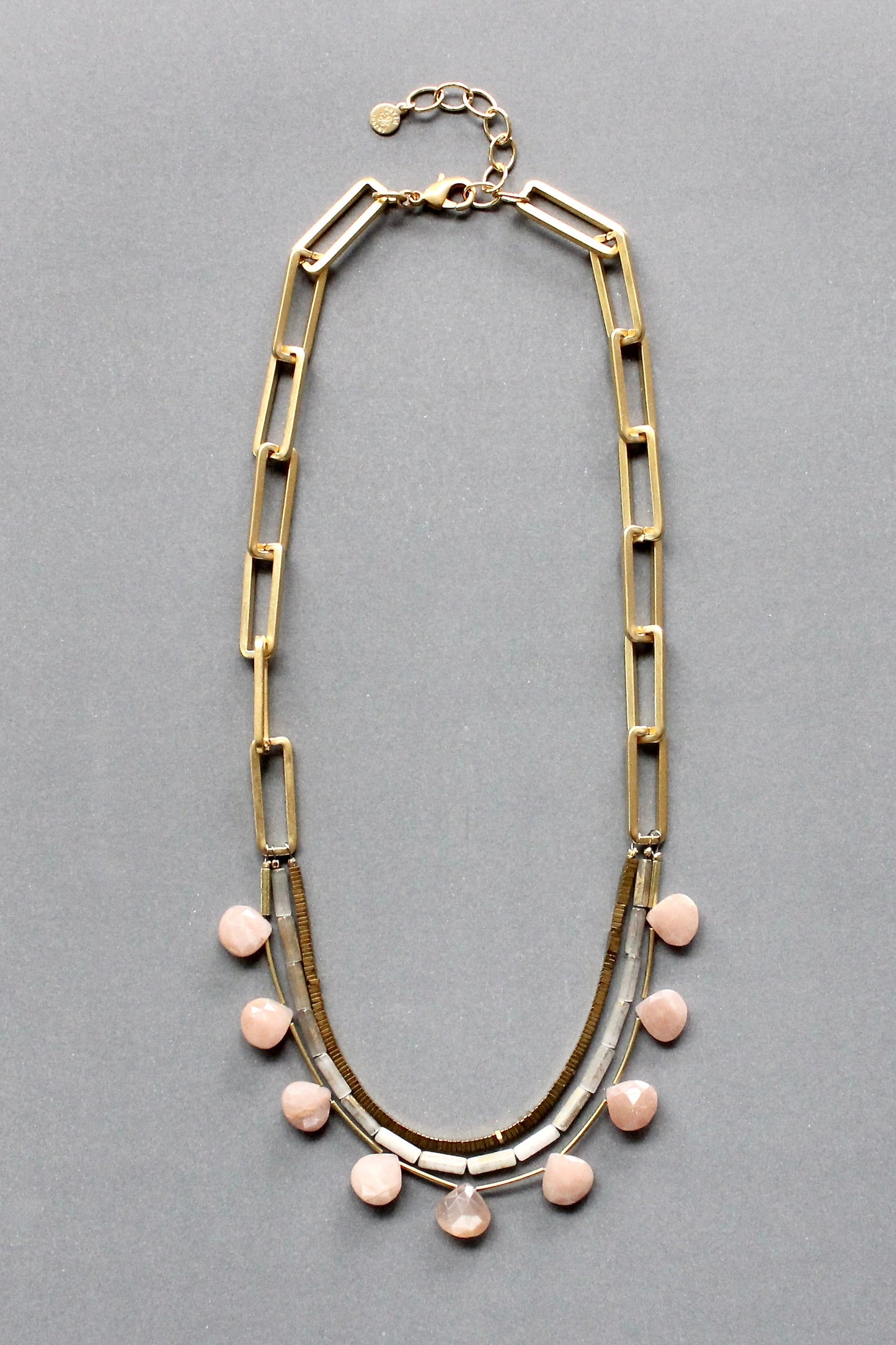 ISL219 Peach moonstone, hematite, and paperclip chain necklace