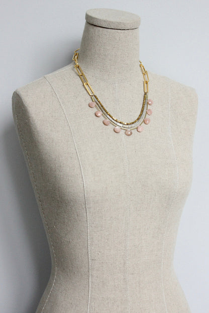 ISL219 Peach moonstone, hematite, and paperclip chain necklace