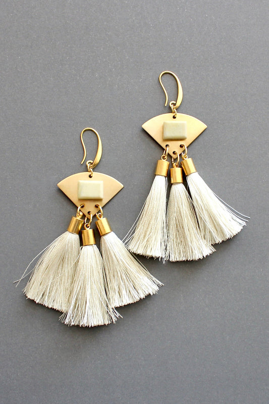 ISLE55 Serpentine and cream tassel geometric earrings