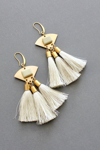 ISLE55 Serpentine and cream tassel geometric earrings