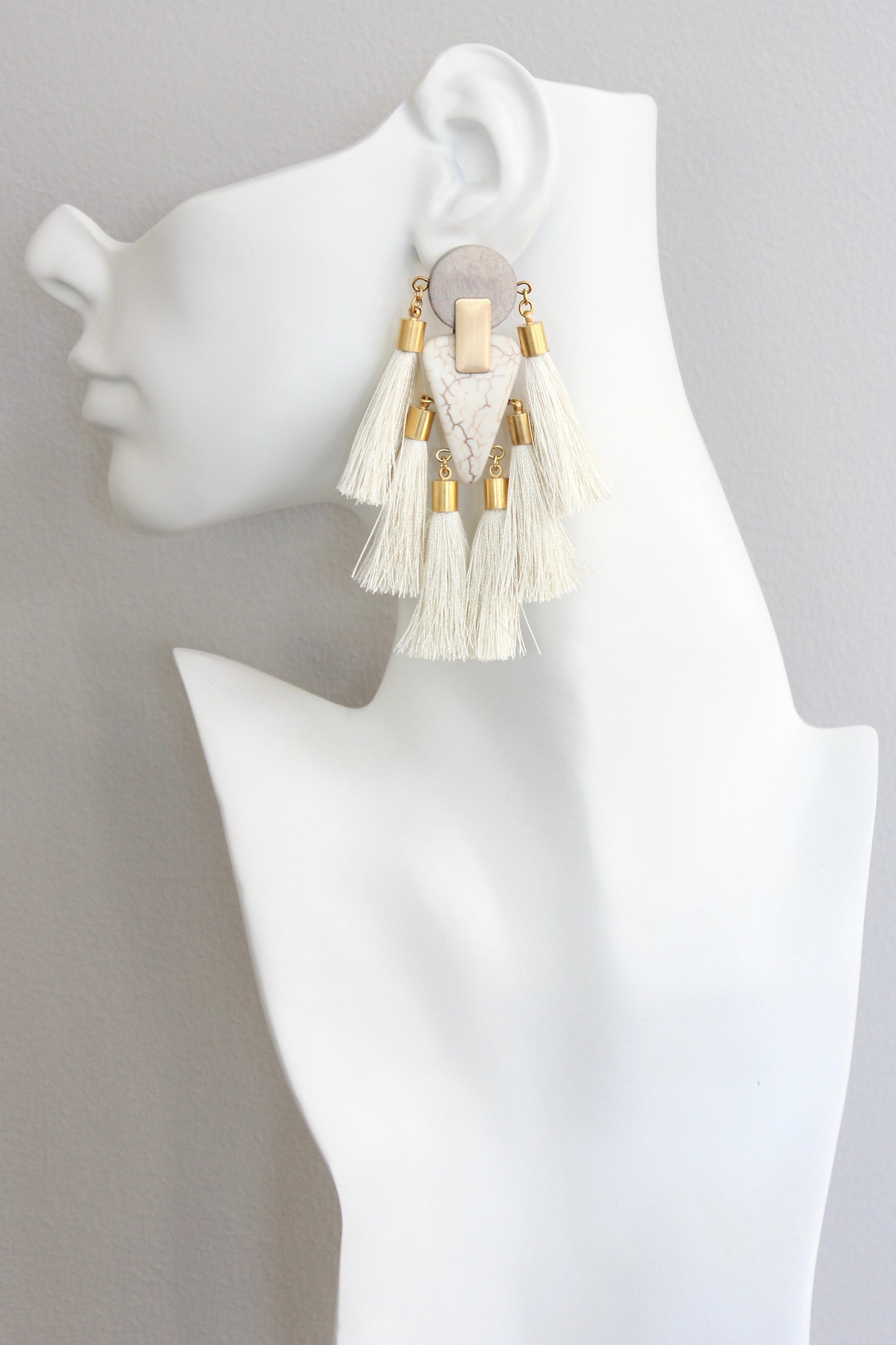 ISLE58 Gray and white tassel post statement earrings