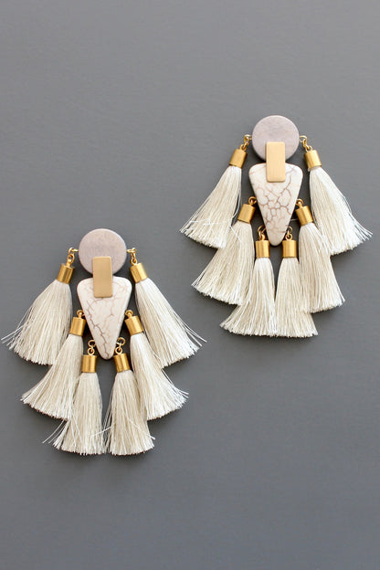 ISLE58 Gray and white tassel post statement earrings