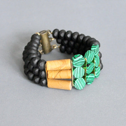 JLTB05 malachite and black triple strand bracelet