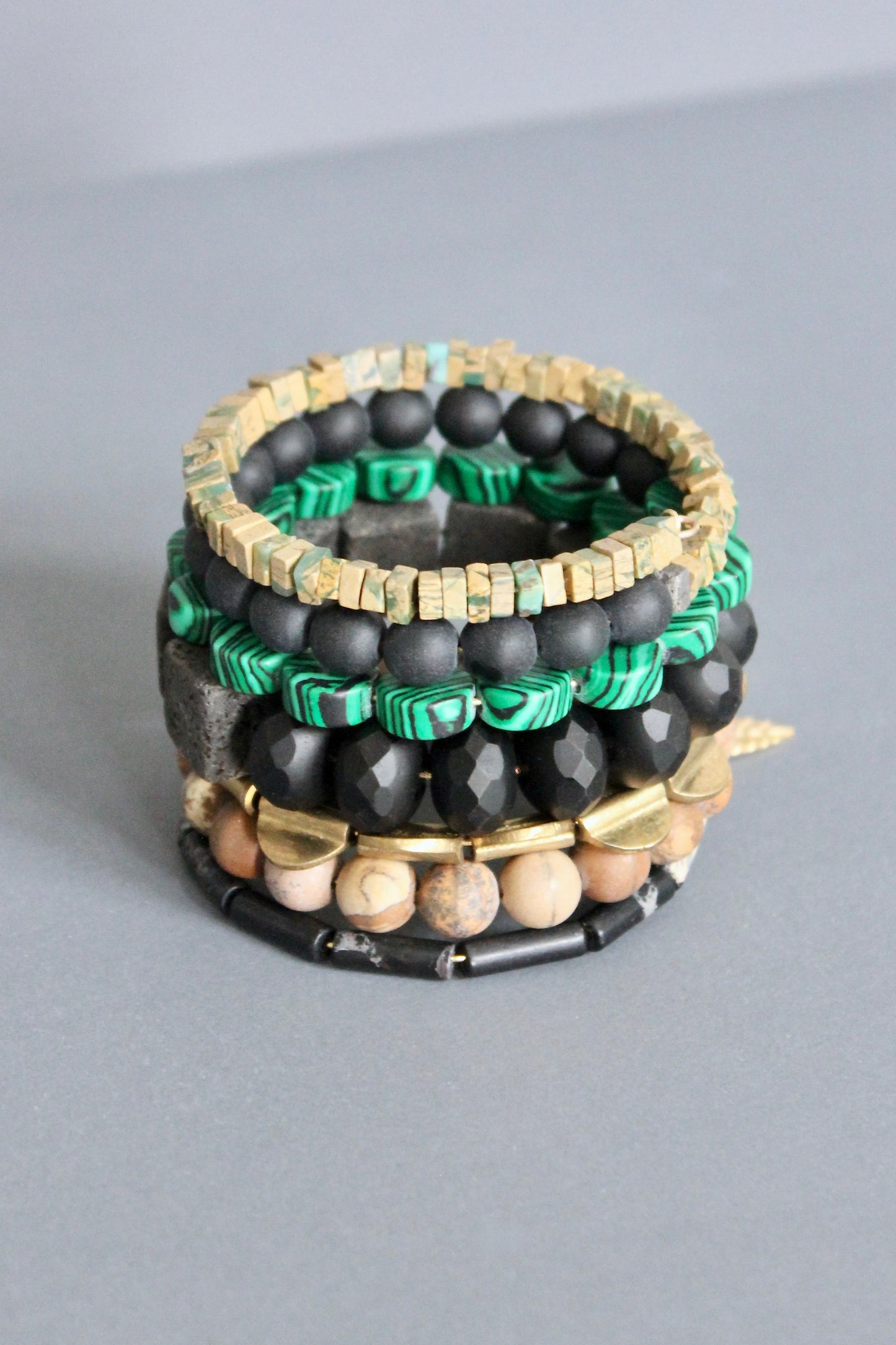 JLTB10 malachite, brown, and black wrap bracelet