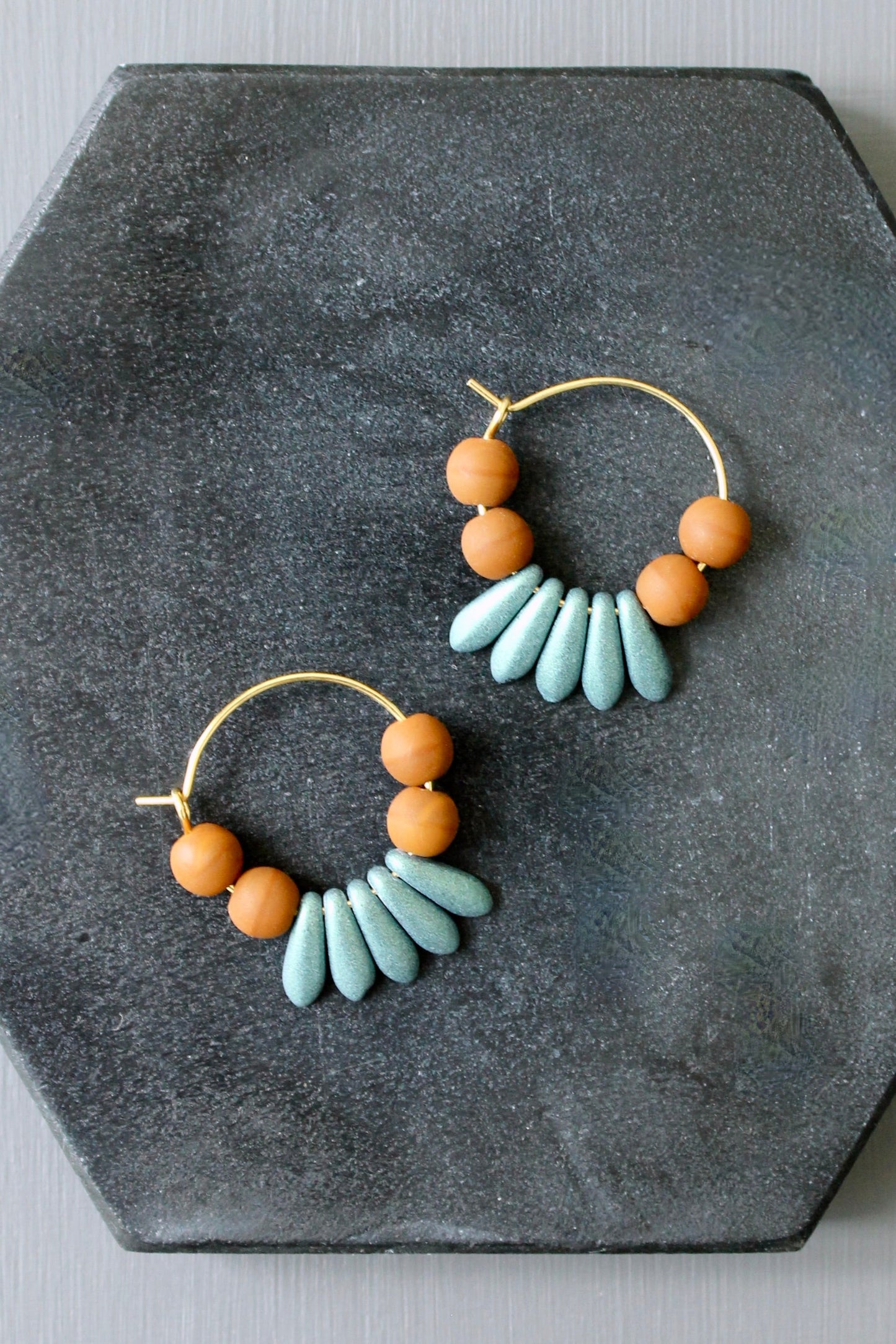 JLTE01 teal and caramel mini hoop earrings