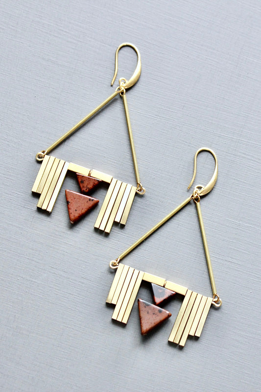 JLTE57 burgundy and brass Artdeco earrings