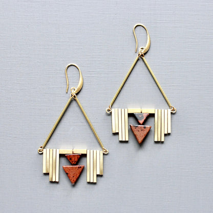 JLTE57 burgundy and brass Artdeco earrings