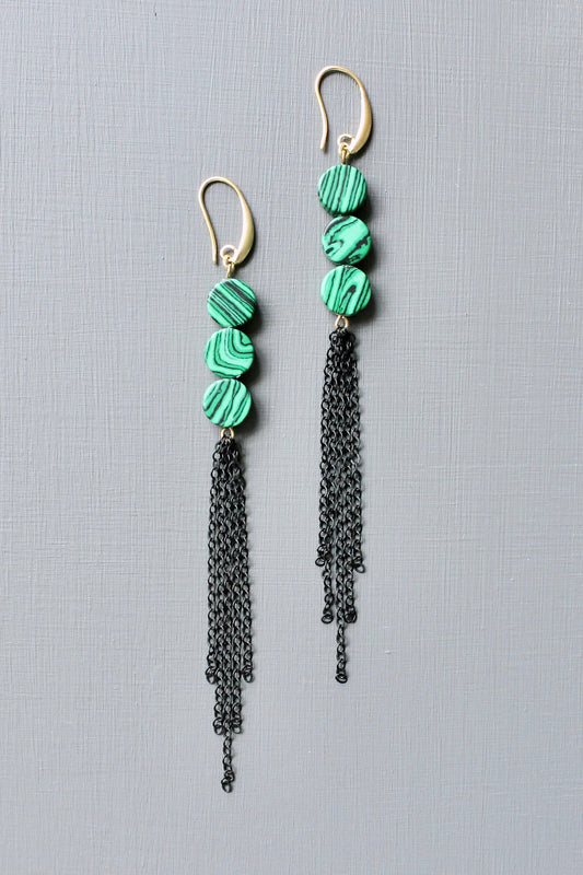 JLTE75 synthetic malachite shoulder duster earrings