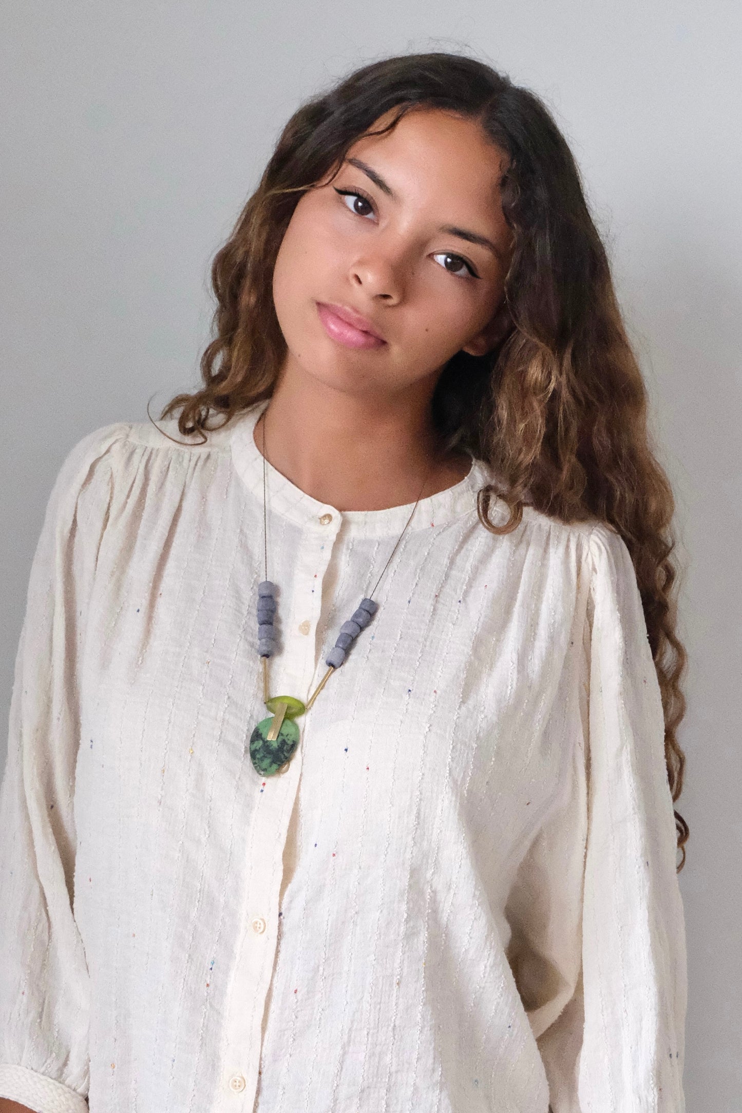 LEX124 Green jasper and glass geometric pendant necklace