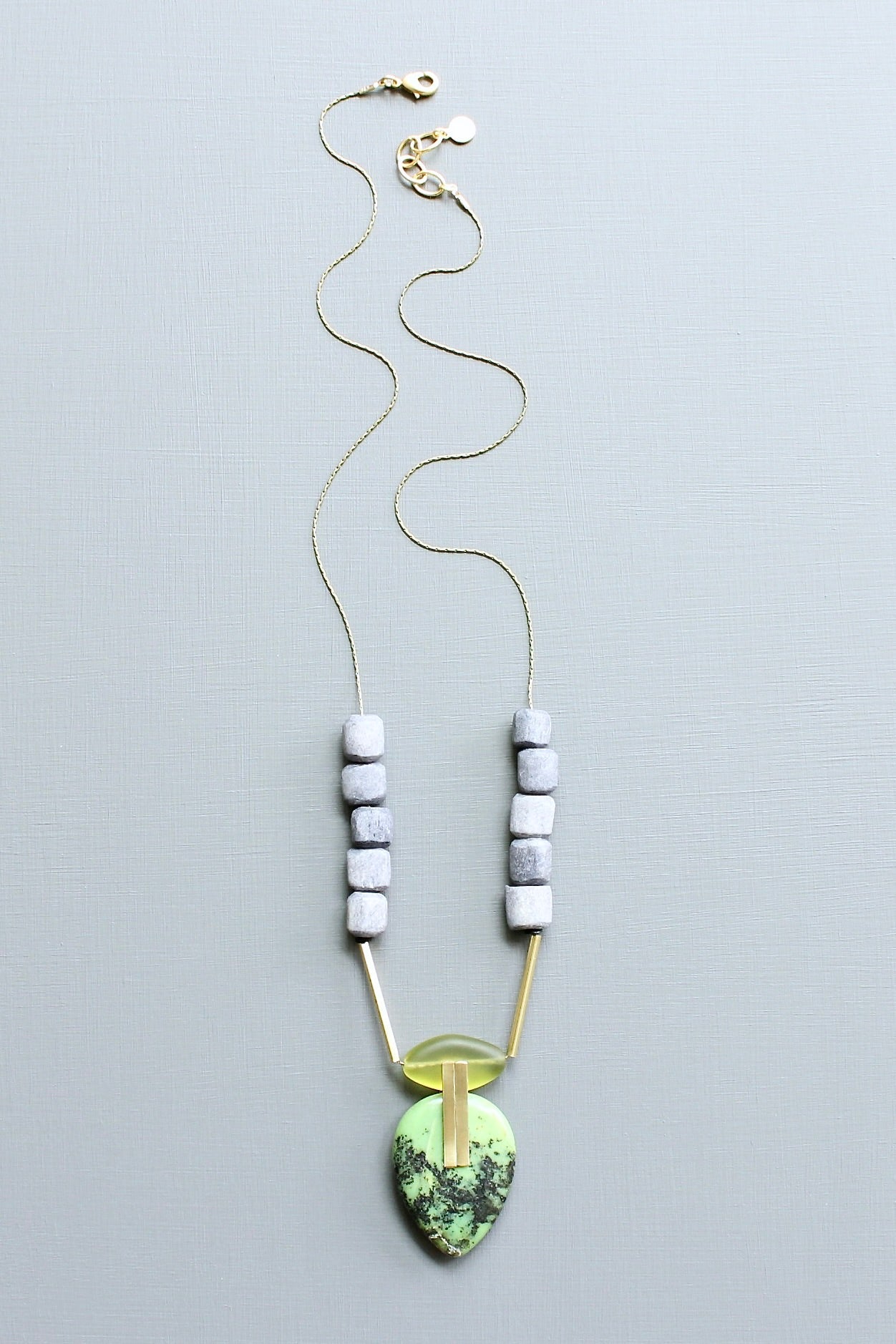 LEX124 Green jasper and glass geometric pendant necklace