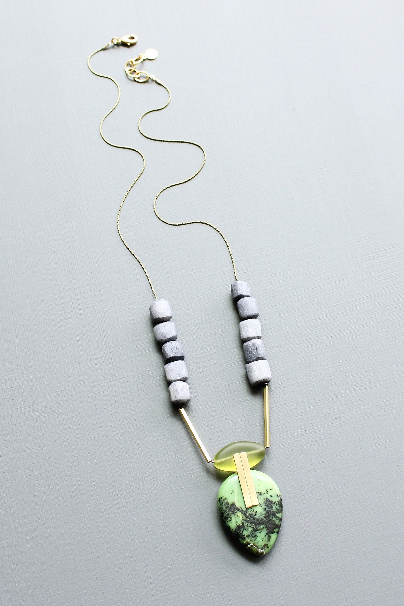 LEX124 Green jasper and glass geometric pendant necklace