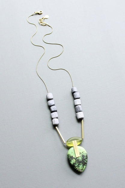 LEX124 Green jasper and glass geometric pendant necklace