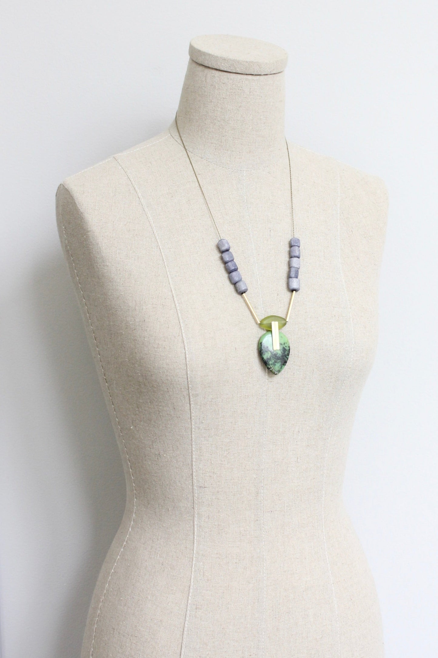 LEX124 Green jasper and glass geometric pendant necklace