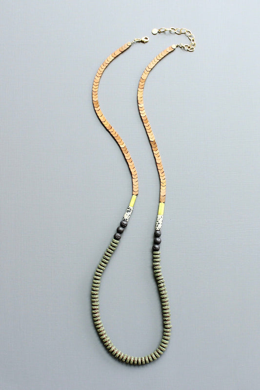 LEX132 Moss lava bead long necklace