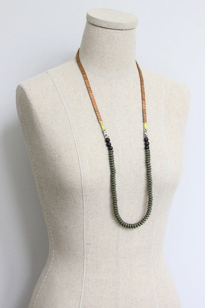 LEX132 Moss lava bead long necklace