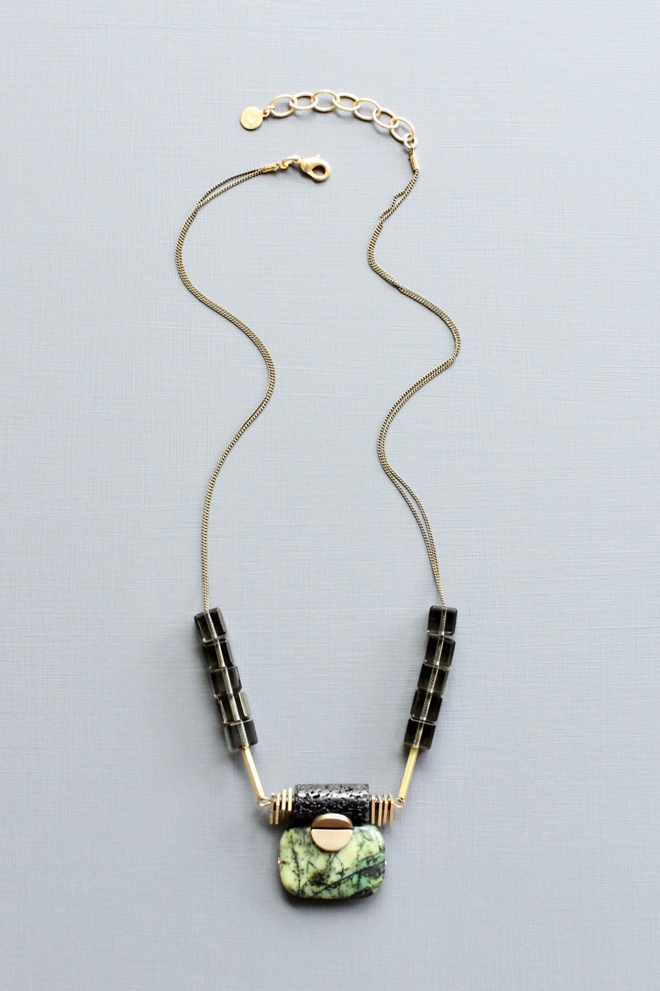 LEX219  Green jasper ArtDeco pendant necklace