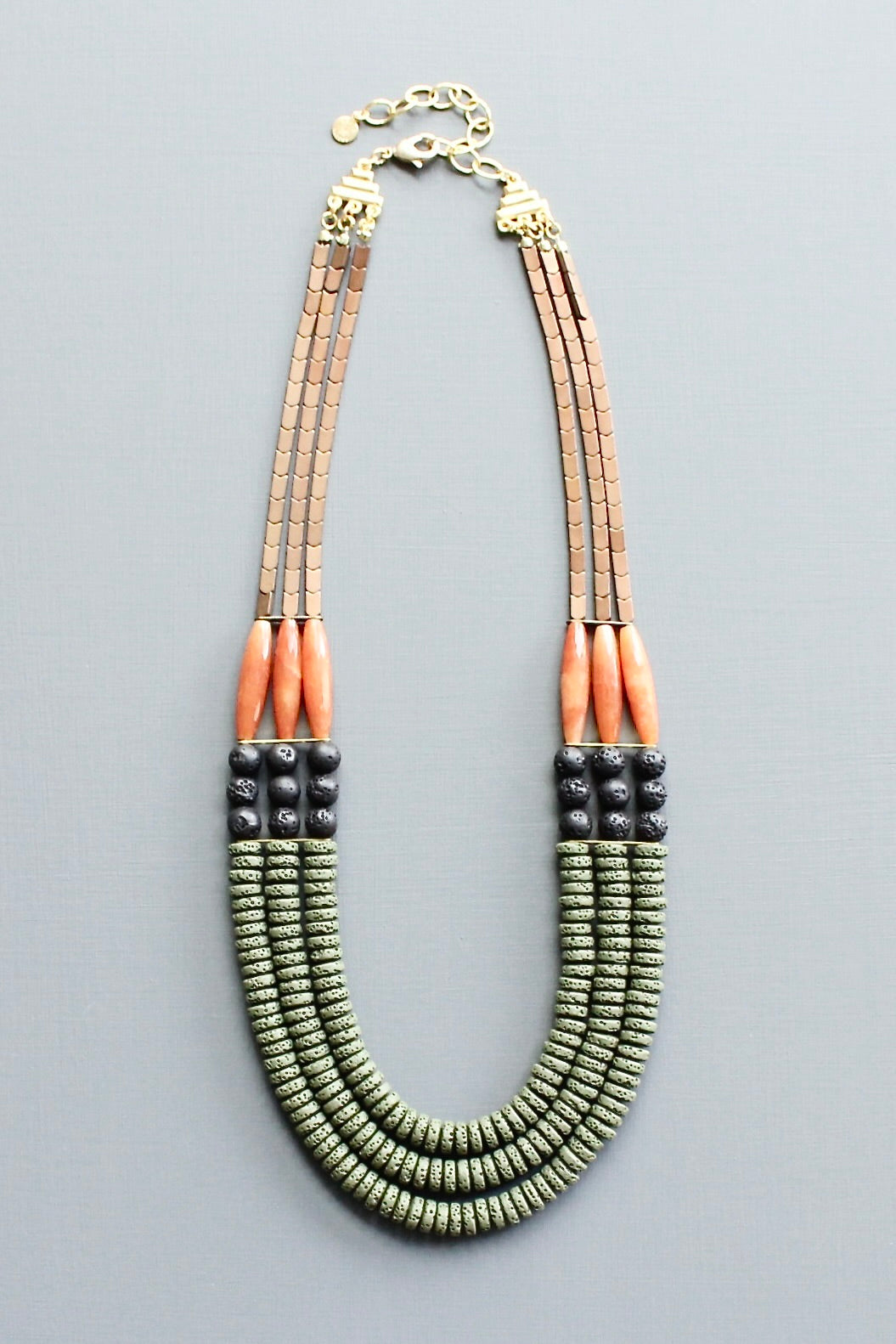 LEX221 Triple strand moss, jet, and carnelian necklace