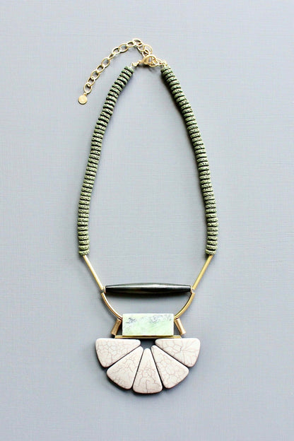 LEX417  Lavender gray and moss lotus ArtDeco necklace