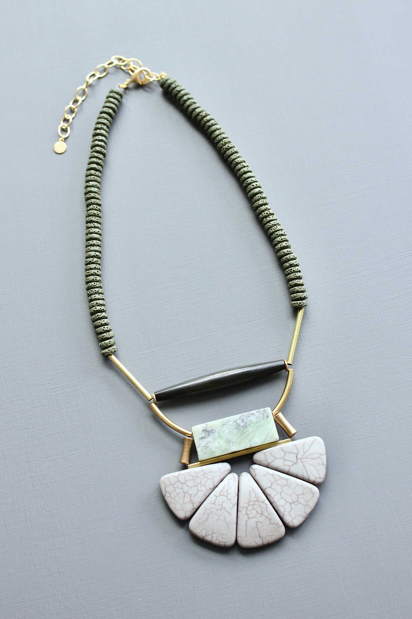 LEX417  Lavender gray and moss lotus ArtDeco necklace