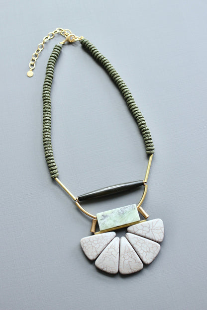 LEX417  Lavender gray and moss lotus ArtDeco necklace