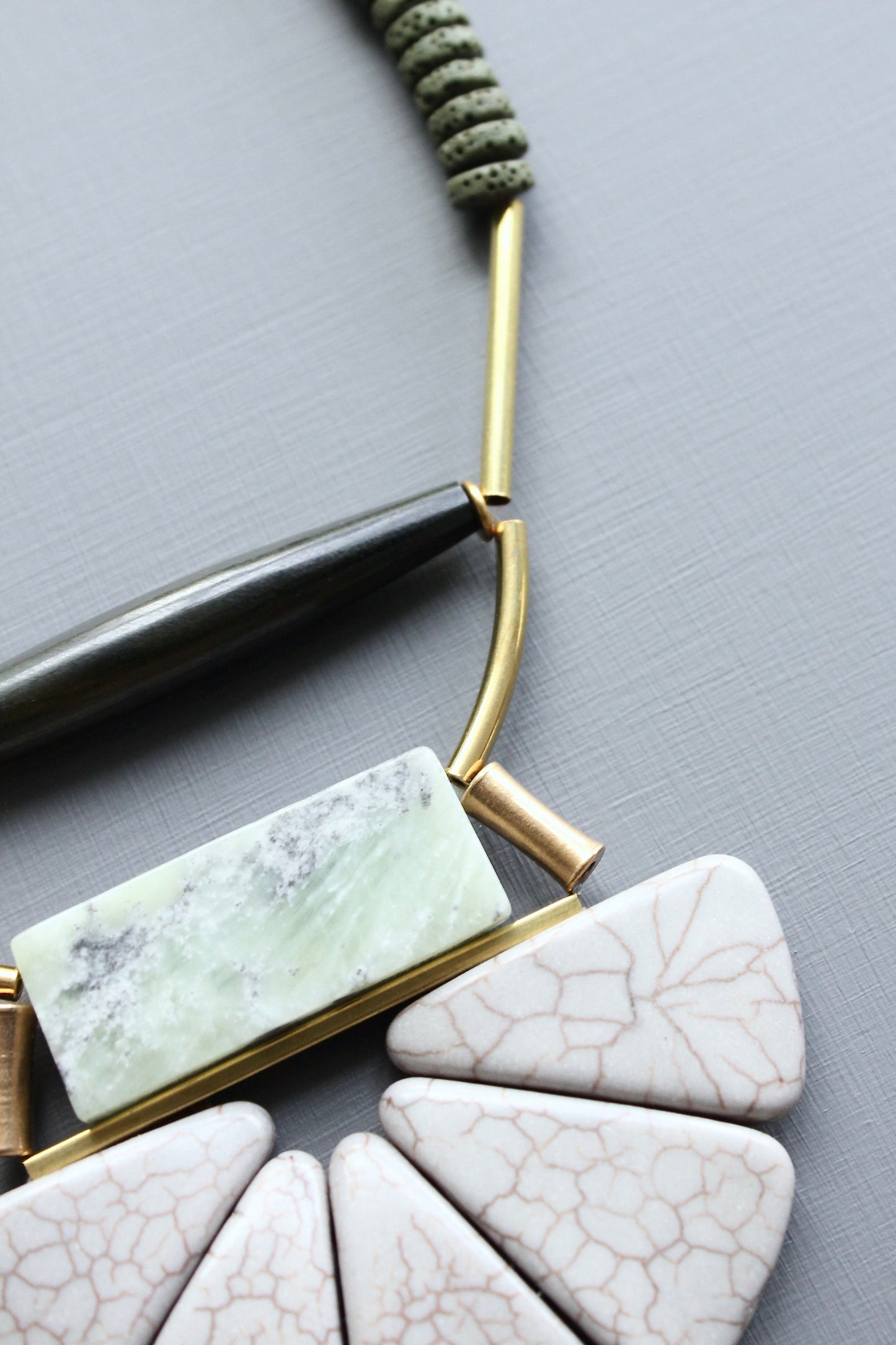 LEX417  Lavender gray and moss lotus ArtDeco necklace
