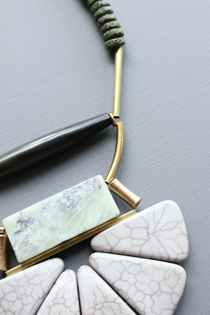 LEX417  Lavender gray and moss lotus ArtDeco necklace
