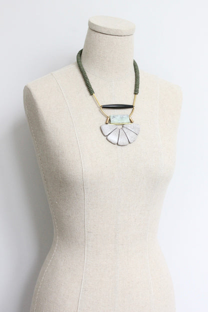 LEX417  Lavender gray and moss lotus ArtDeco necklace